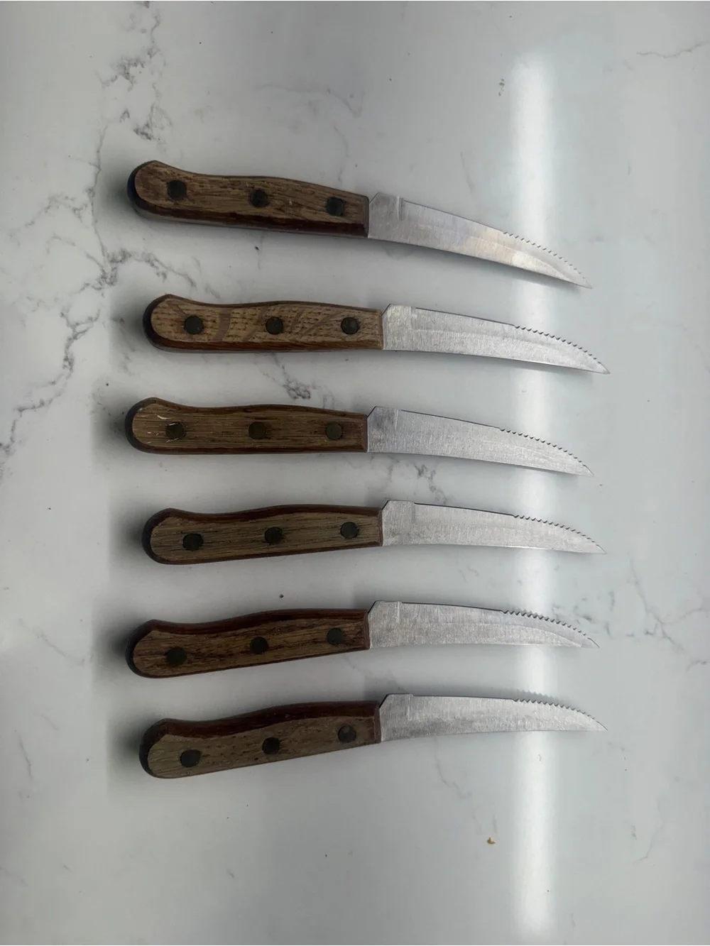 6 MCM Old Homestead Serrated Blade Steak Knives Knife Wood Handle